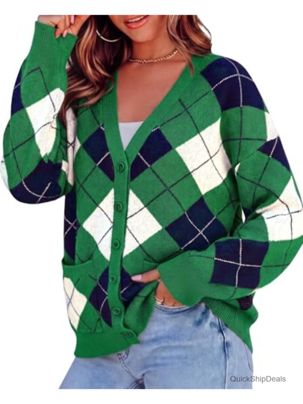 Chunky Argyle Cardigan Sweater for Women V-Neck Button Down with Pockets